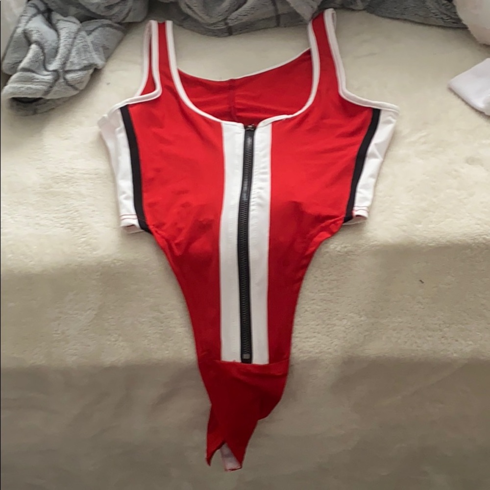 Red high waisted body suit